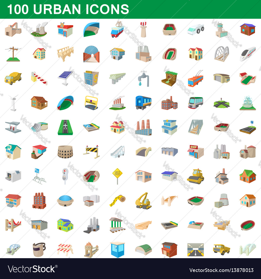 100 urban icons set cartoon style