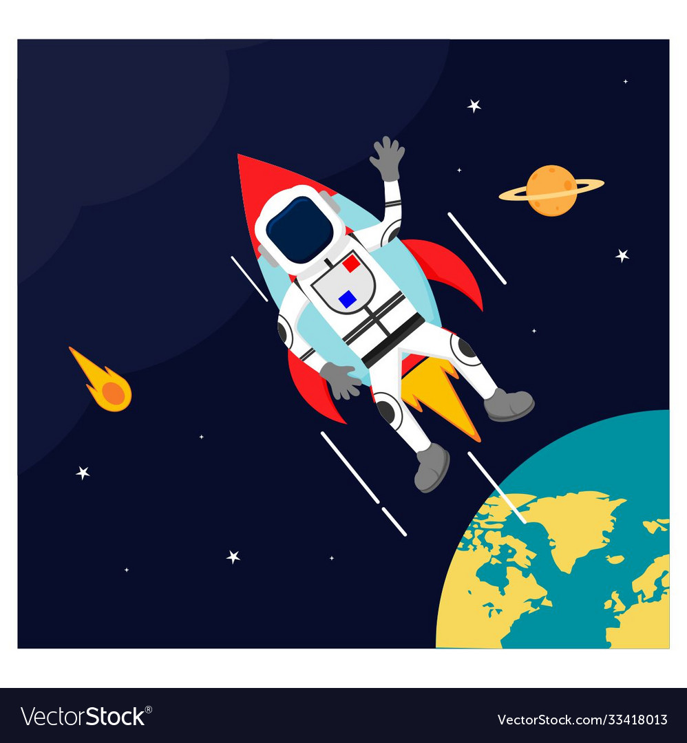 Astronaut fly with spacecraft in outer space flat