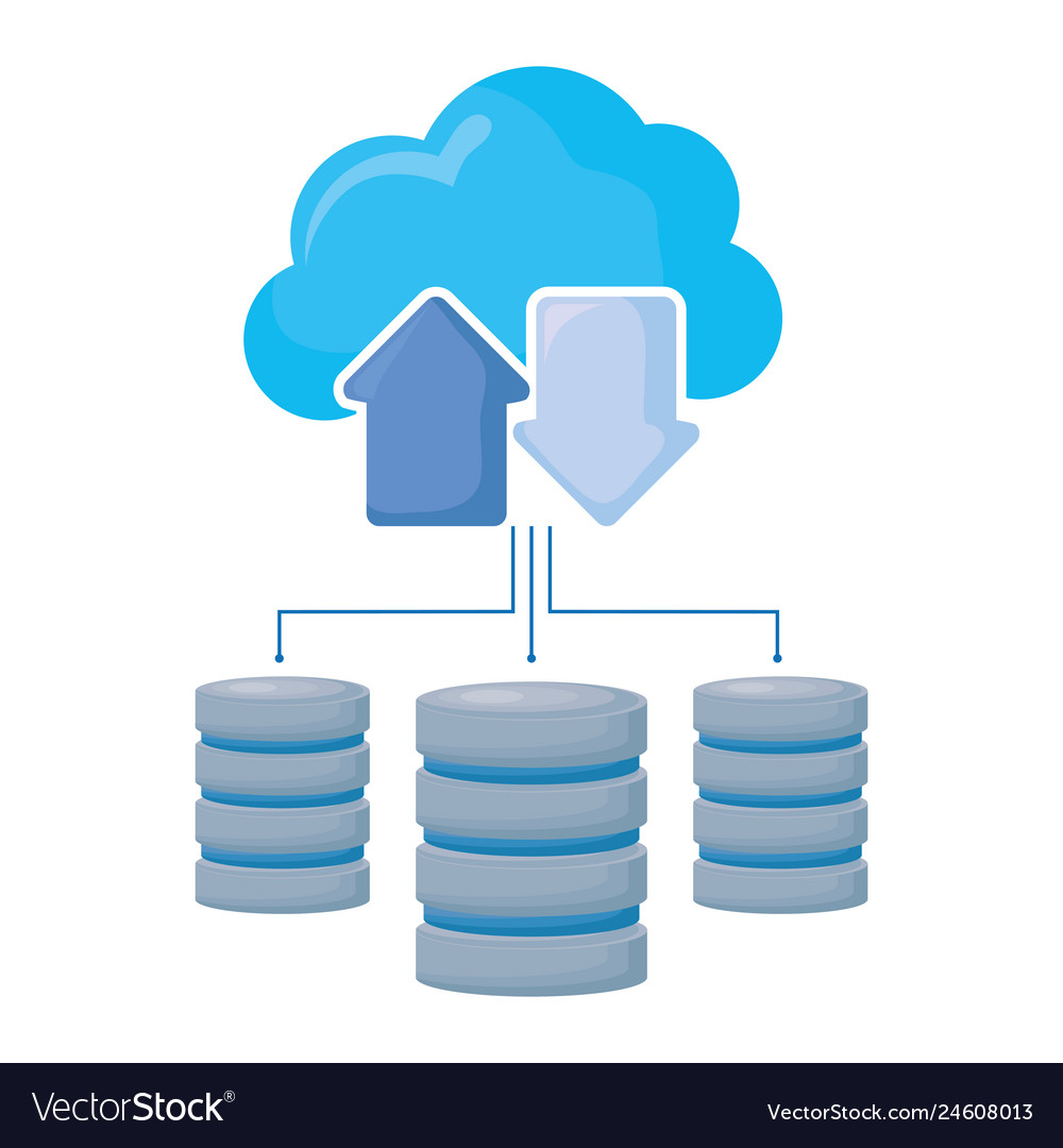 Cloud Computing mit Datendisketten und Pfeilen vector image Cloud Computing mit Datendisketten und Pfeilen