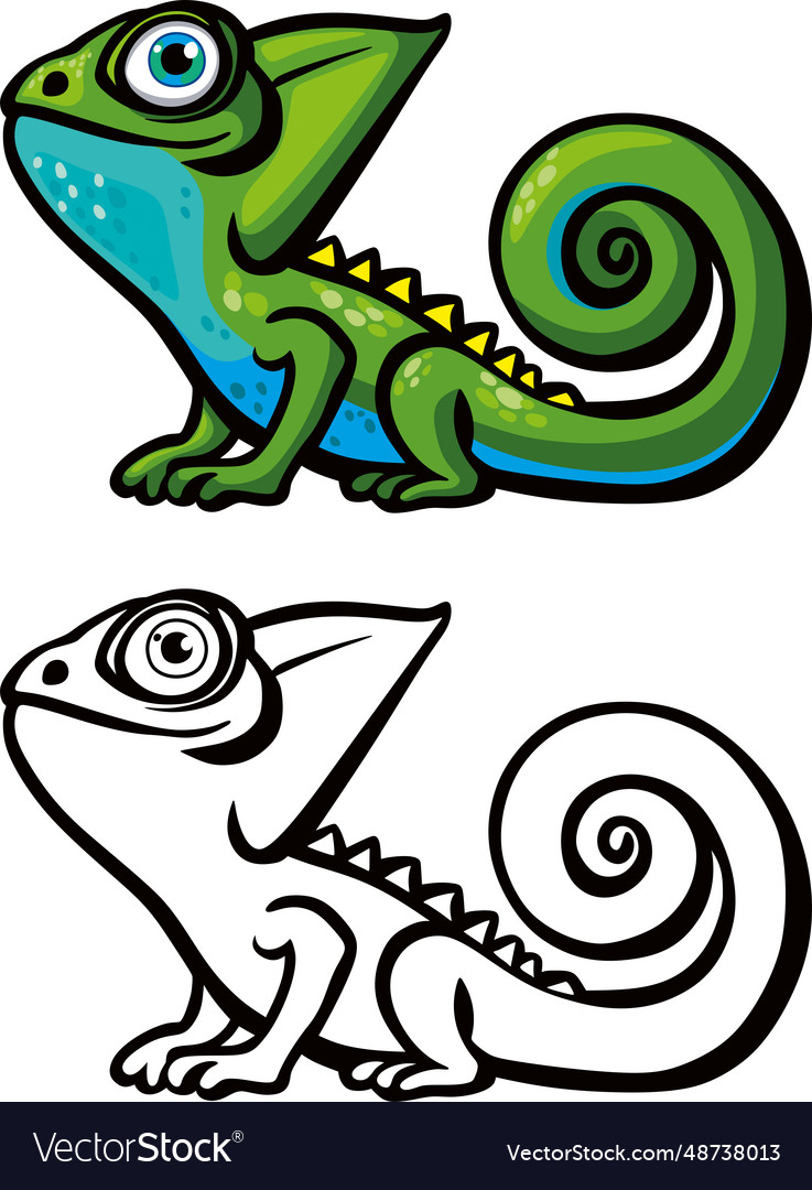 Little cartoon green chameleon with blue eyes