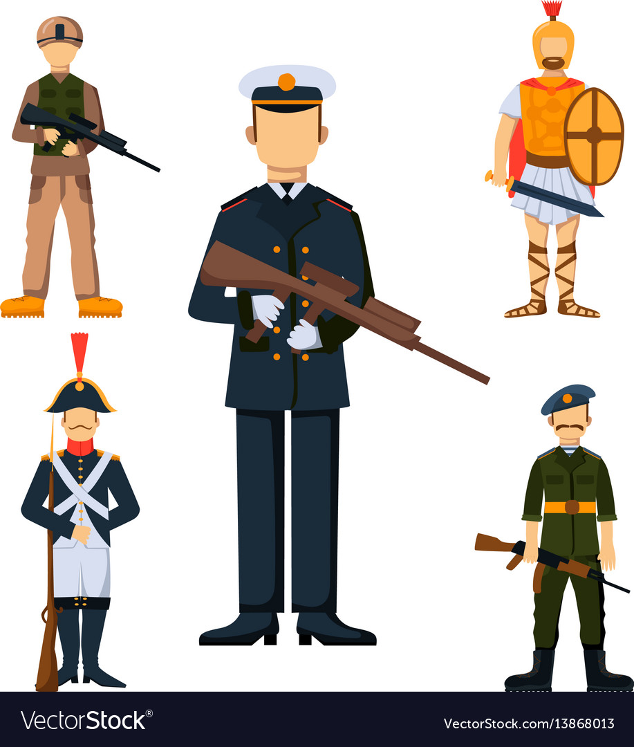 Military soldier character weapon symbols armor Vector Image