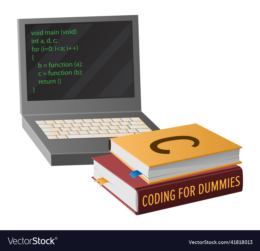 Open laptop and books for program code creation Vector Image