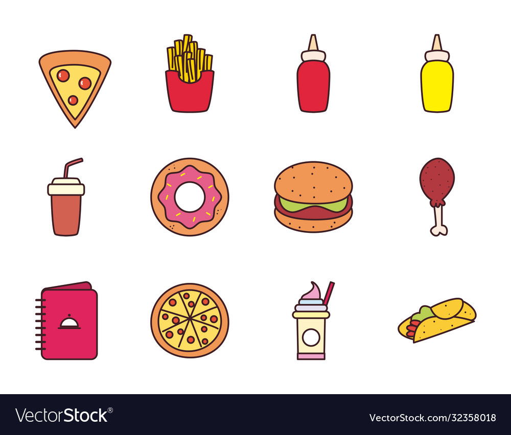 Fast food line and fill style icon set Royalty Free Vector