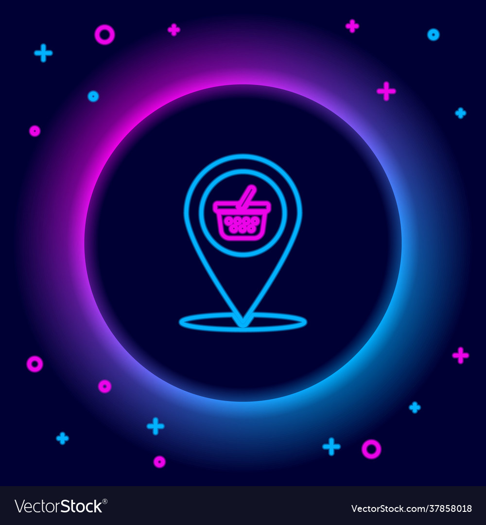 Glowing neon line map pointer with shopping basket Vector Image Glowing neon line map pointer with shopping basket