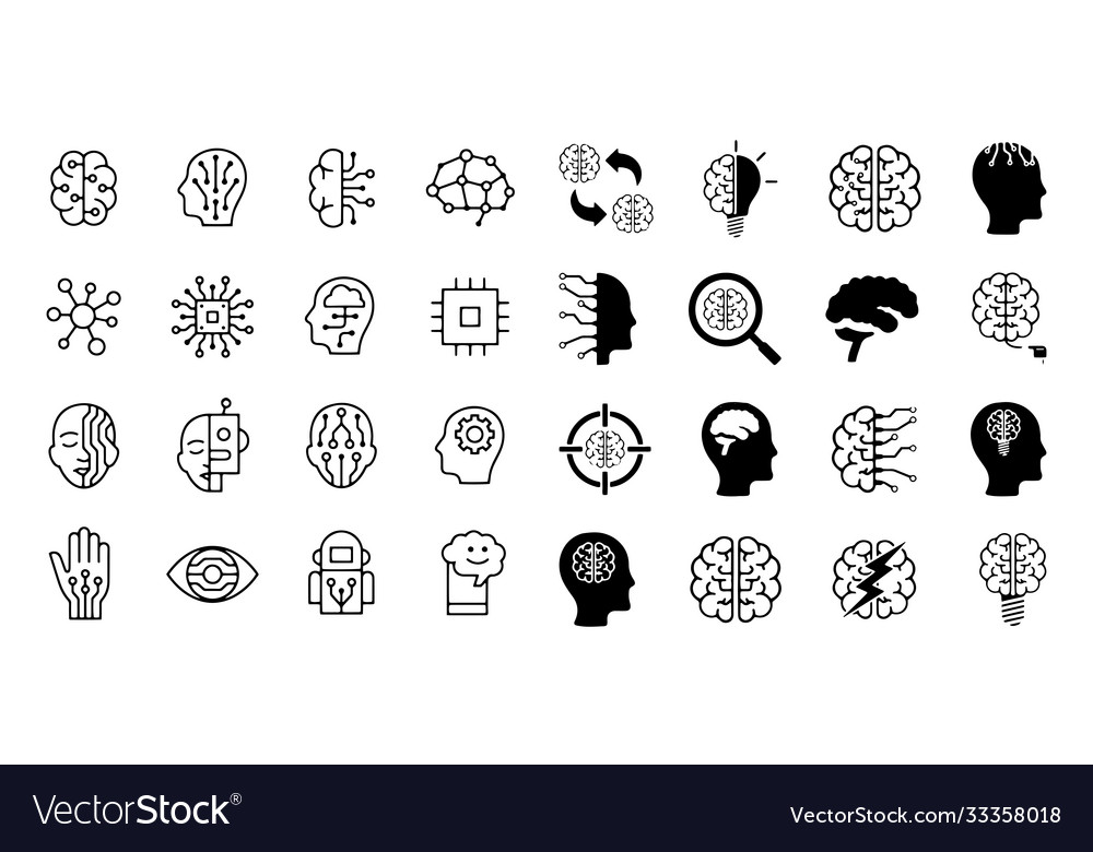 Set artificial intelligence related line icons