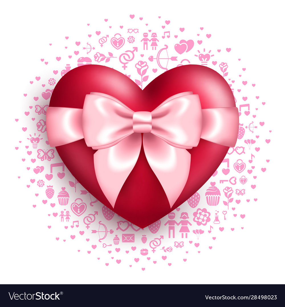 Glossy red heart with pink bow love symbols