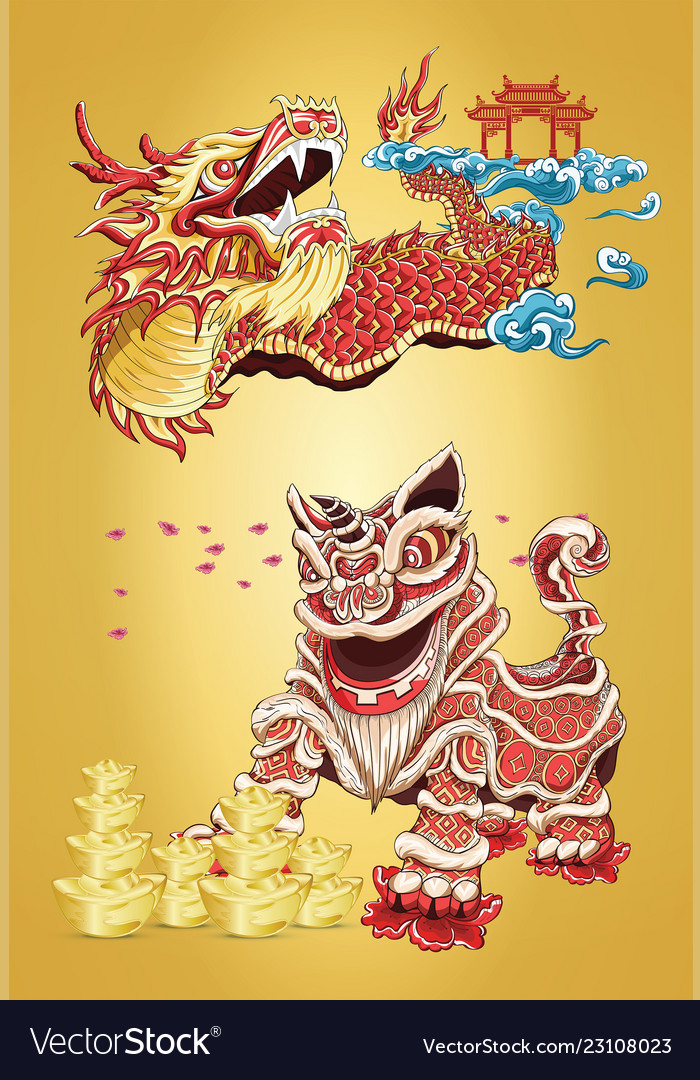 Happy new year with animal mythology by line art