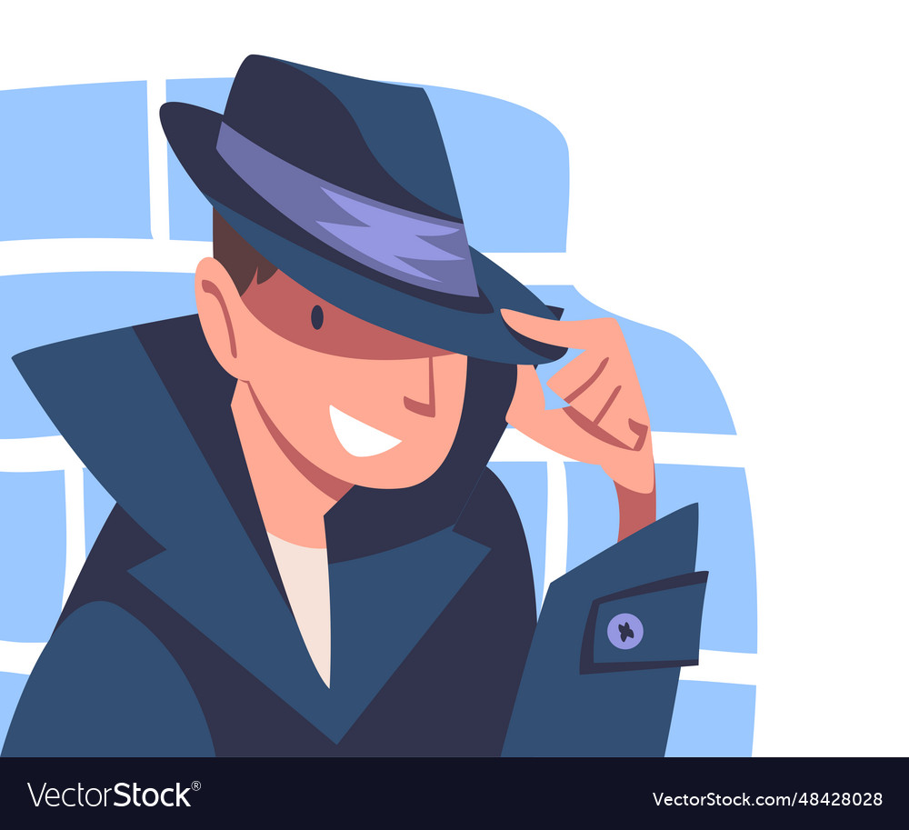 Man spy character in black coat and hat Royalty Free Vector