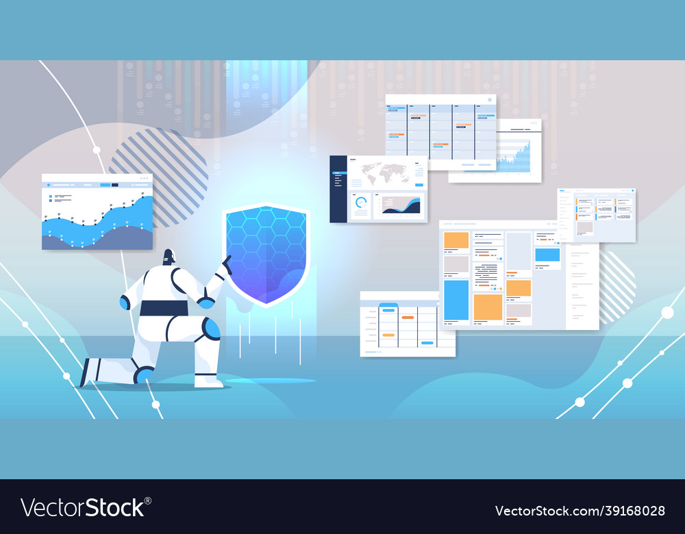 Robot holding shield web data security technology vector image Robot holding shield web data security technology