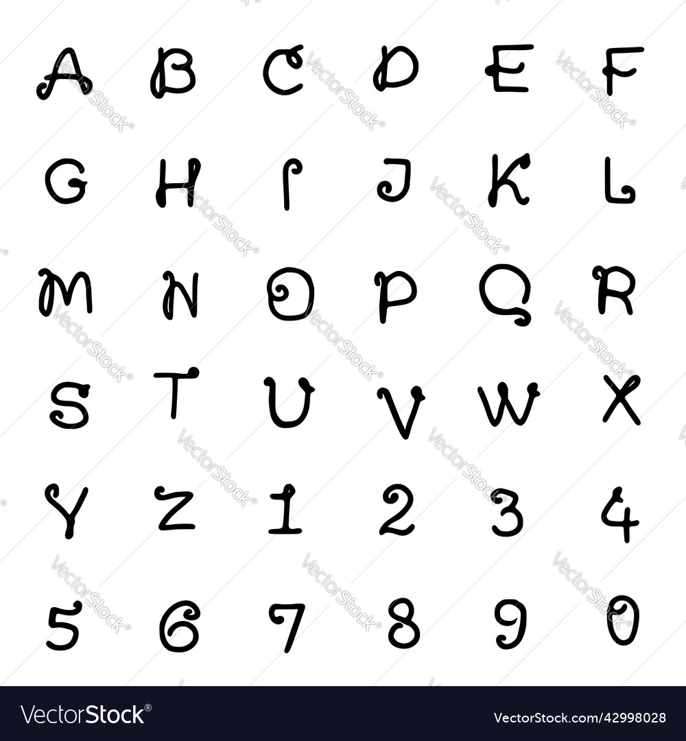 Set of letters and numbers with swirls in doodle