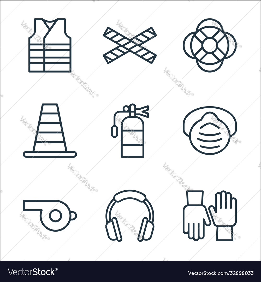 Flat rescue and protective line icons linear set vector image Flat rescue and protective line icons linear set