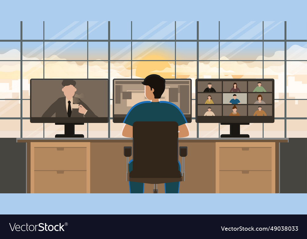Working from home on desktop computer in house vector image Working from home on desktop computer in house