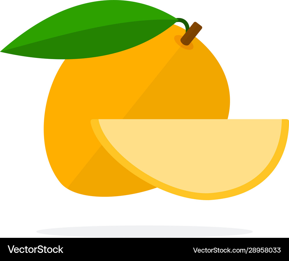 Yellow mango with leaf and slice flat Royalty Free Vector