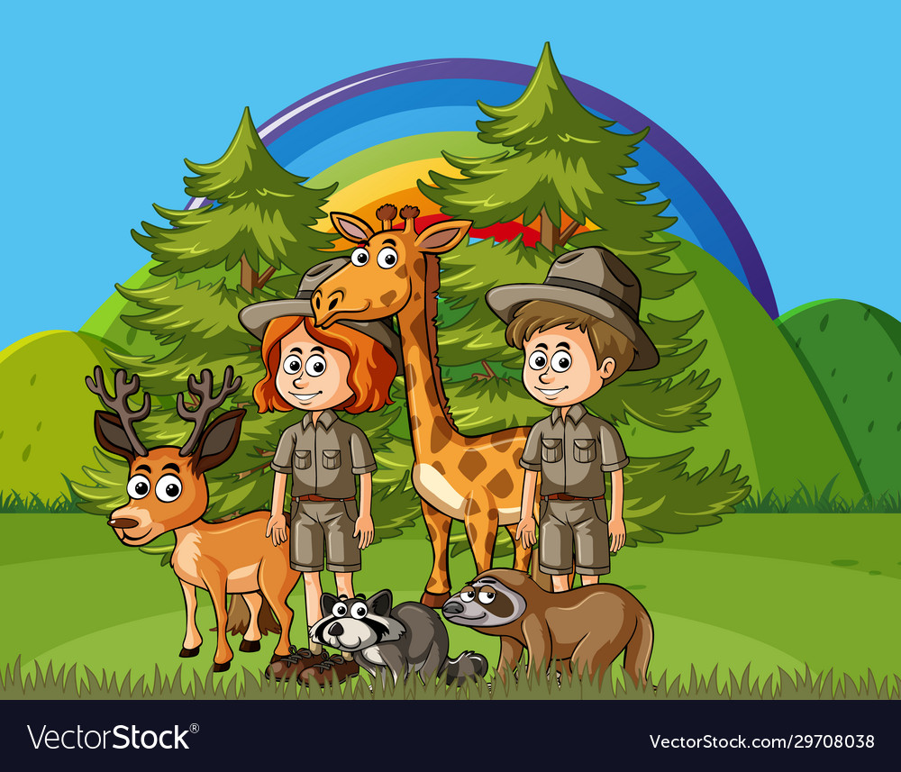 Background scene with park rangers and wild Vector Image