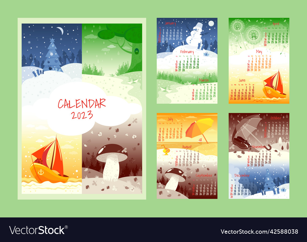 Calendar 2023 with four seasons of nature