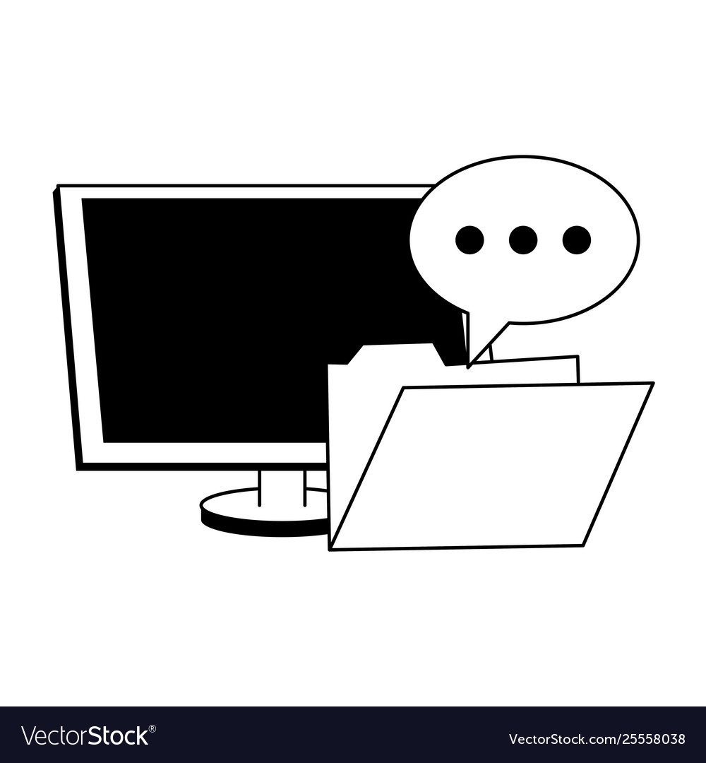 Computer and folder with chat bubble in black