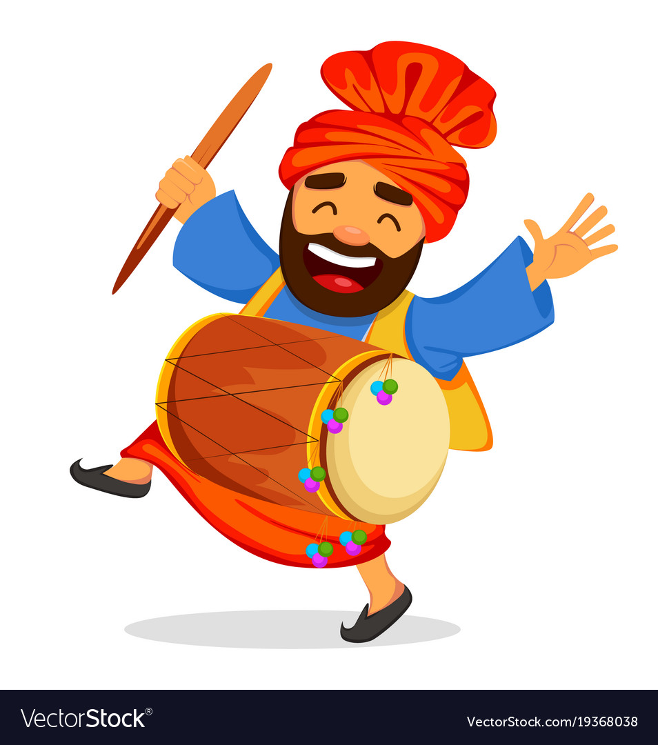 Funny dancing sikh man with drum Royalty Free Vector Image