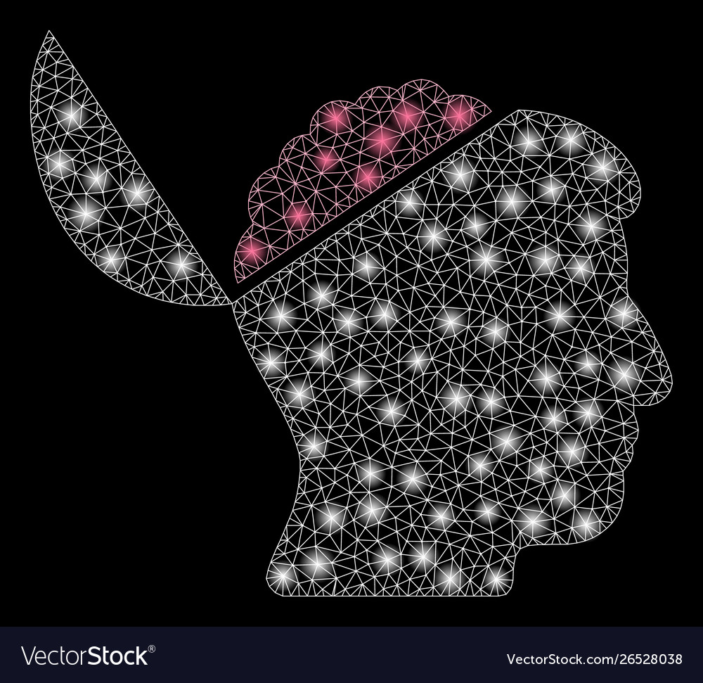 Glowing mesh wire frame open brain with flash