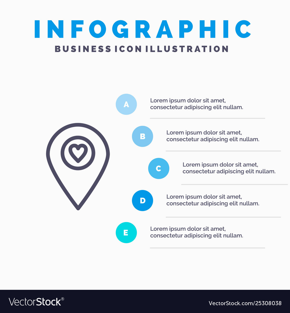 Heart location map pointer line icon with 5 steps