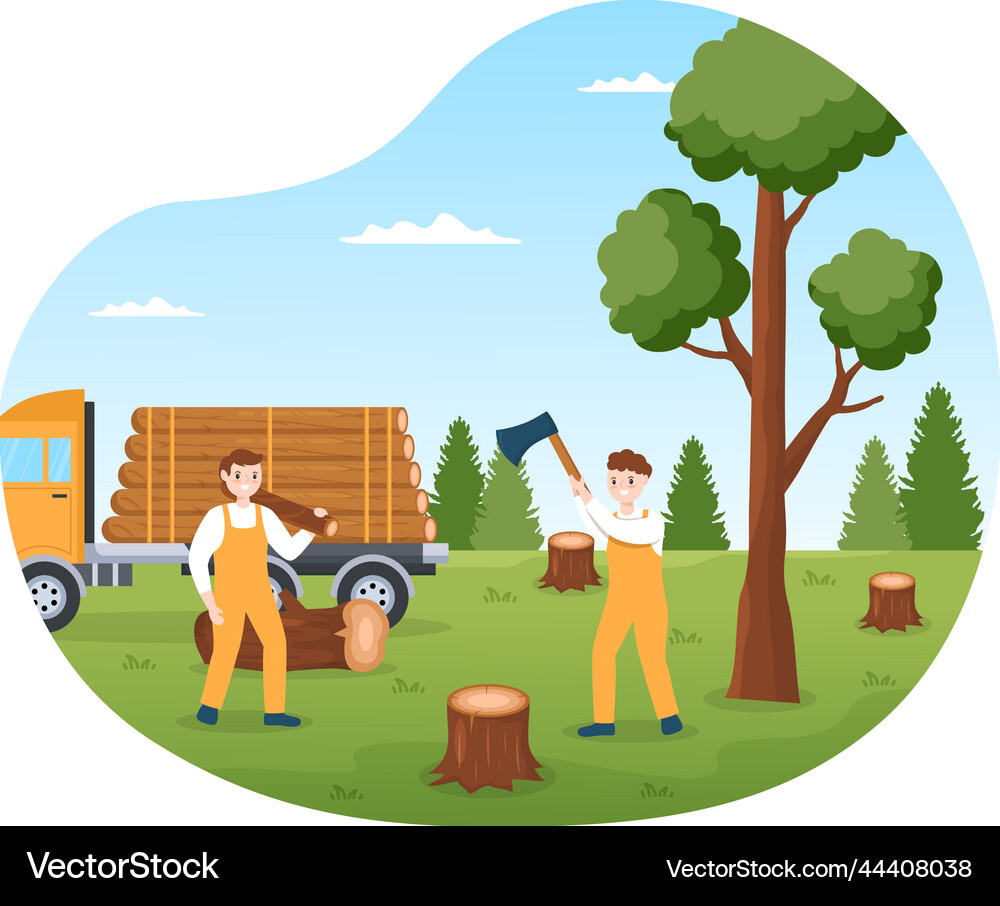 People tree cutting and timber with truck Vector Image