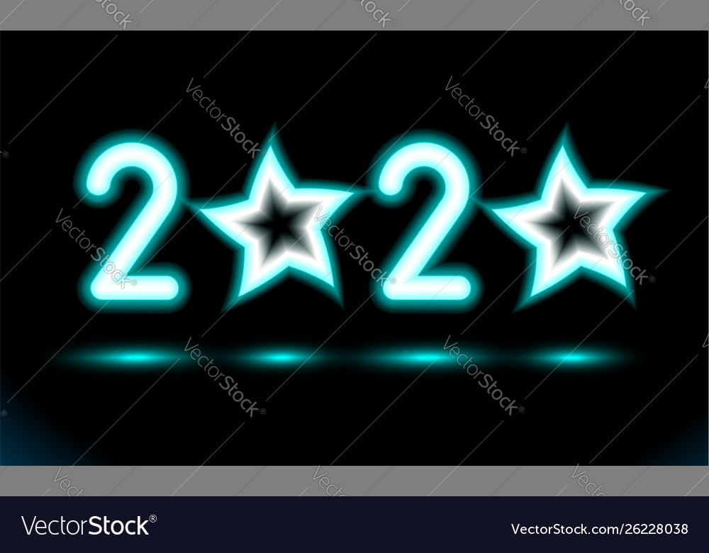 Simply glowing neon numbers 2020 with stars