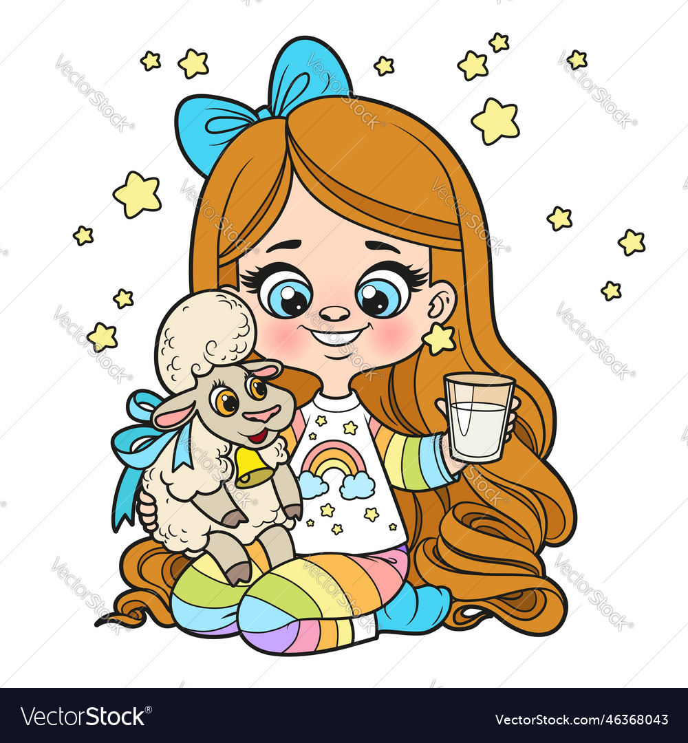 Cute cartoon girl in pajamas with soft toy sheep