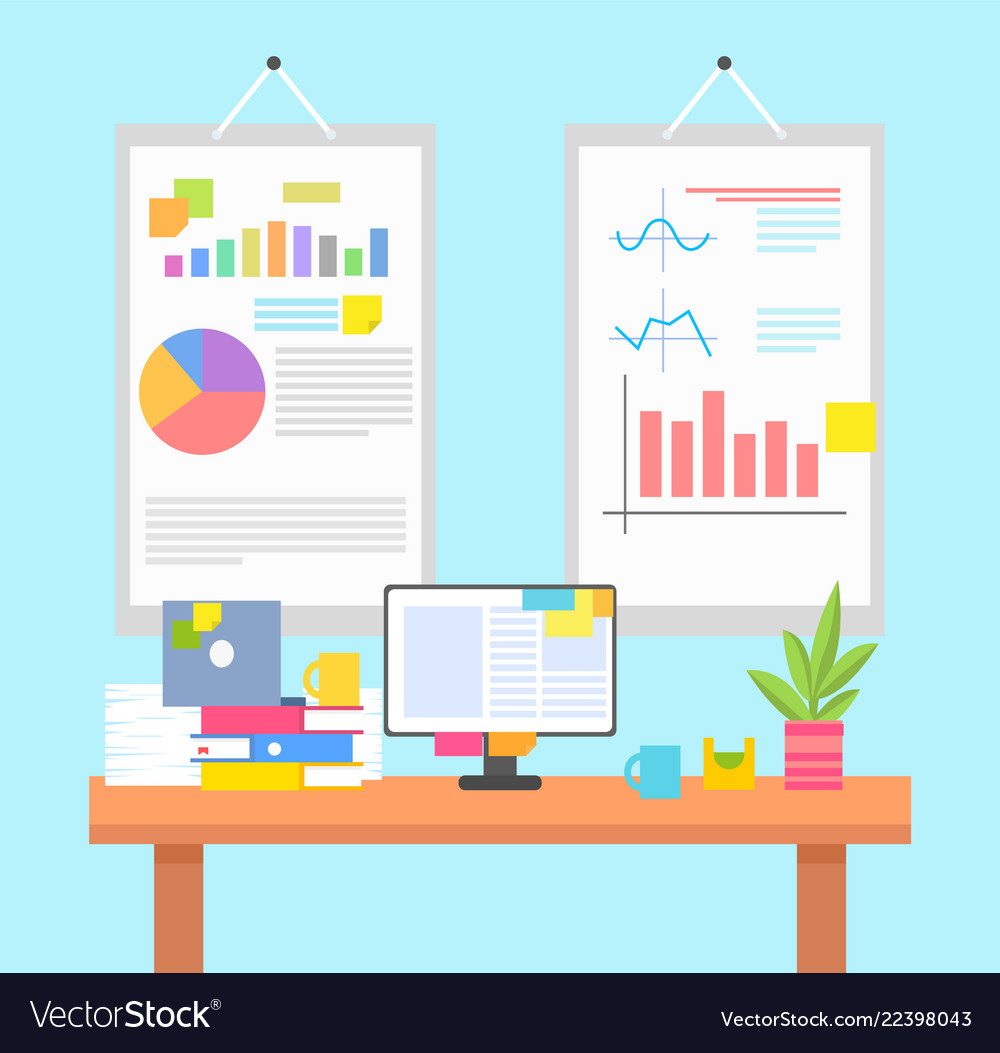 Work environment with graphics or chart on walls vector image Work environment with graphics or chart on walls