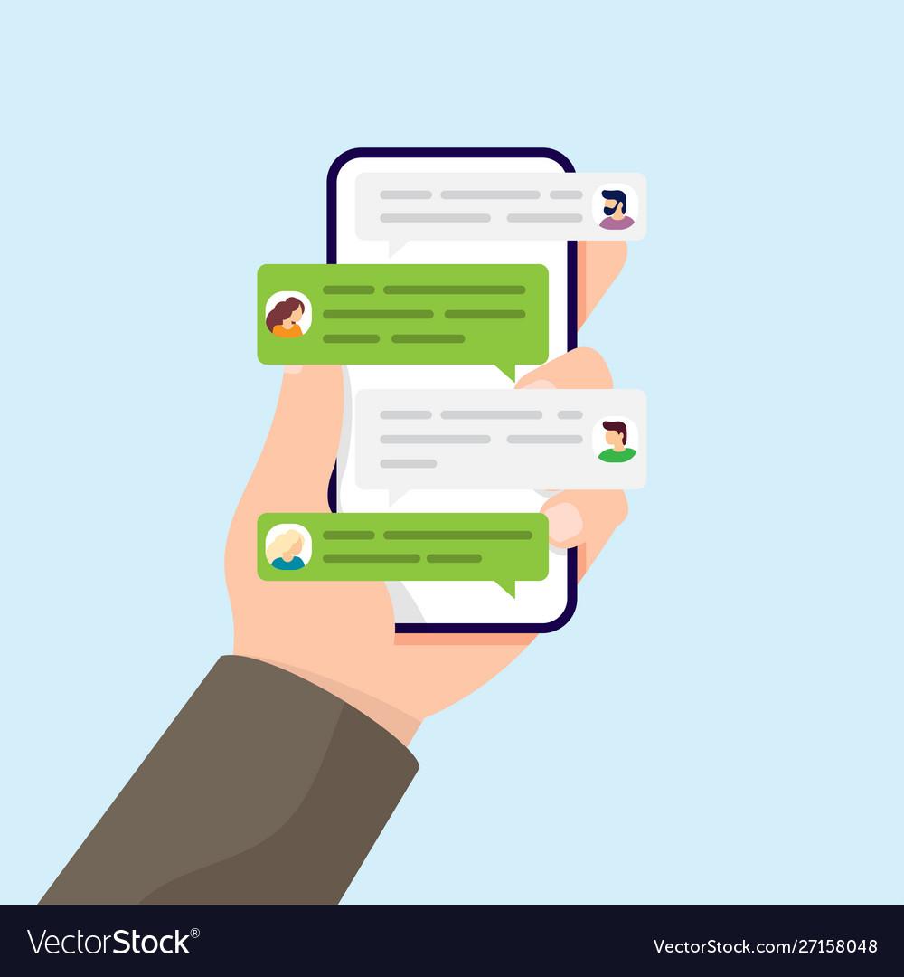 Hand holding smartphone with online chat with friends. mobile chat, social  network, instant messaging sms vector concept Stock Vector