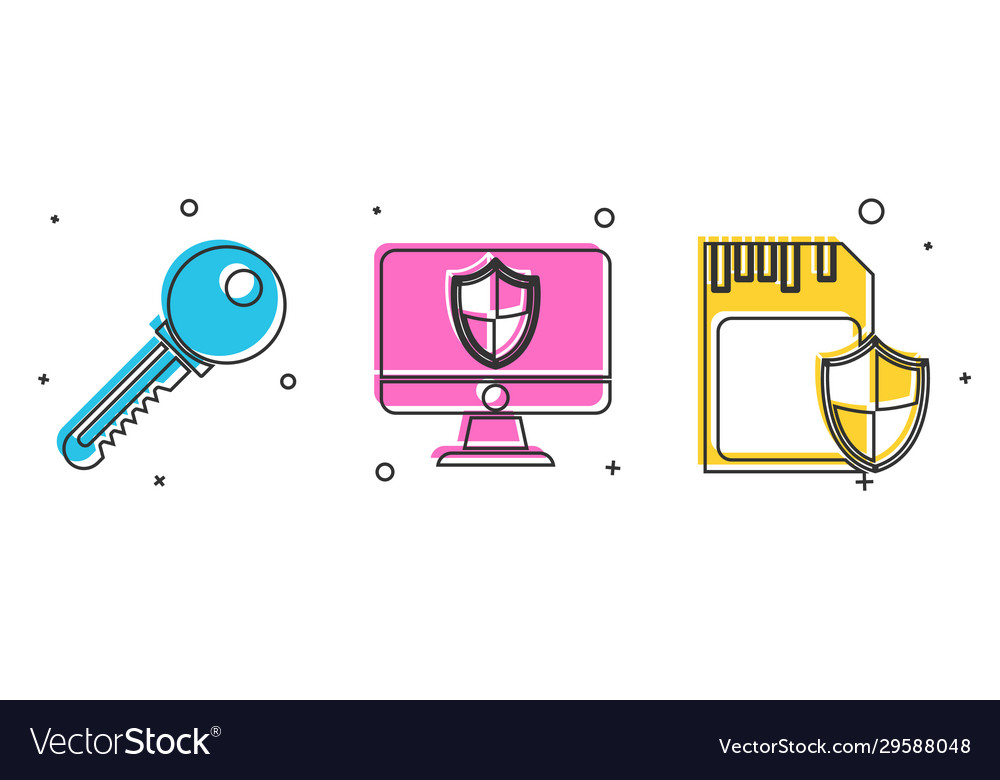 Set key computer monitor and shield sd card vector image Set key computer monitor and shield sd card