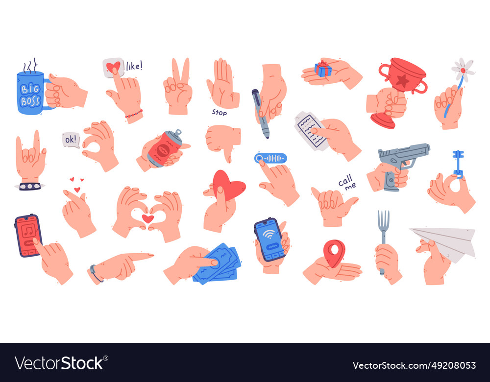 Human hands gestures and different actions vector image Human hands gestures and different actions
