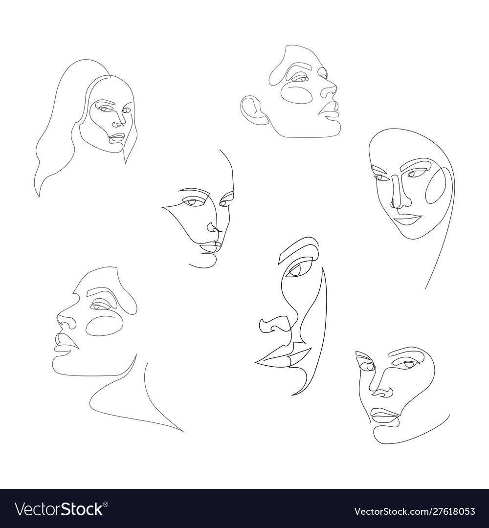 One line girl or woman portrait design set Vector Image