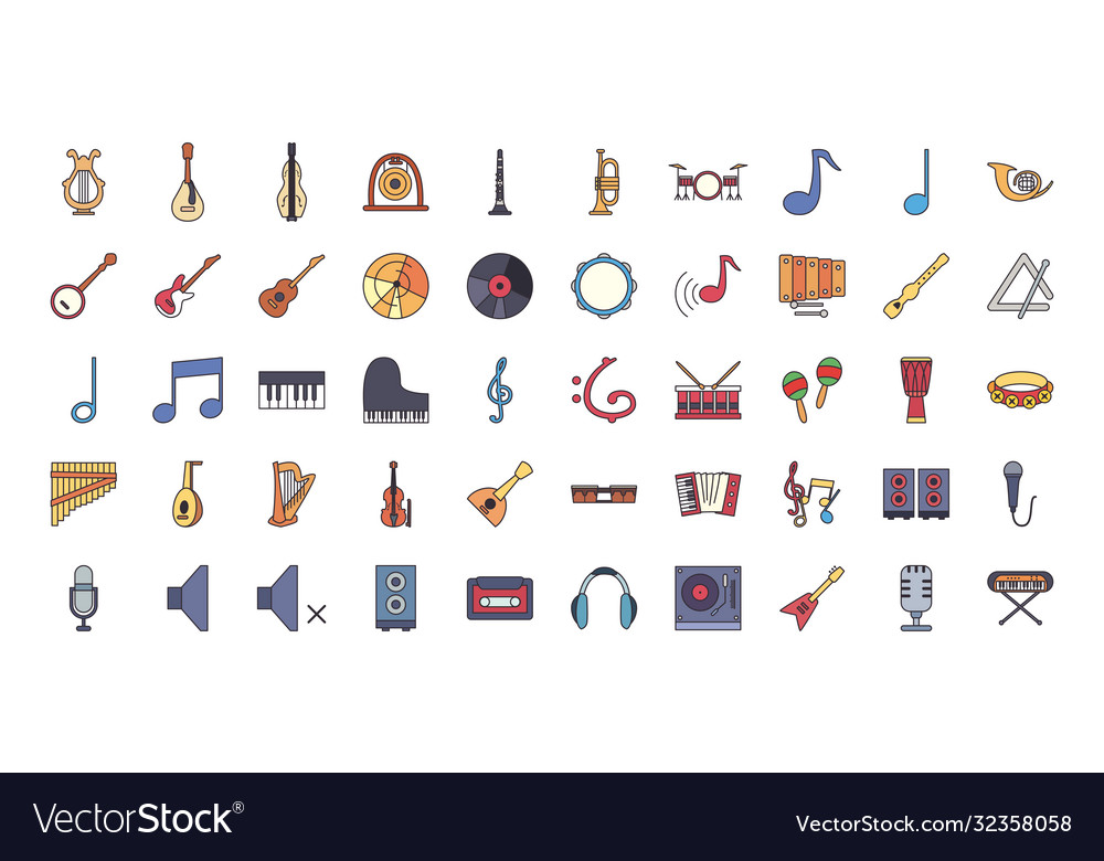 Music instruments line and fill style icon set vector image Music instruments line and fill style icon set
