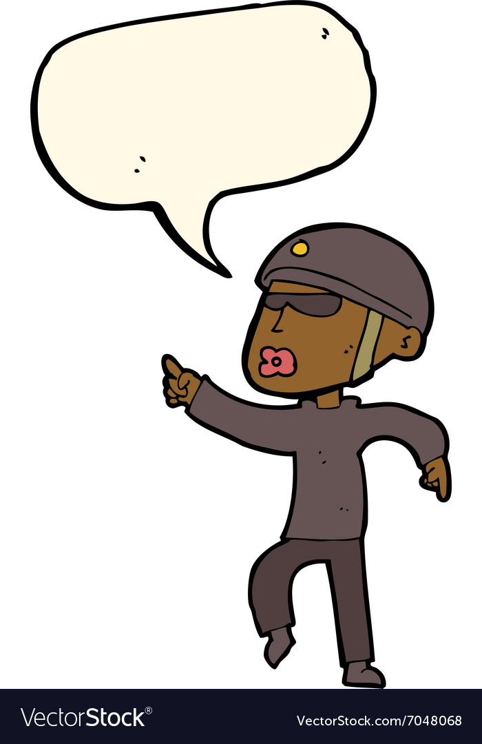 Cartoon man in bike helmet pointing with speech Vector Image