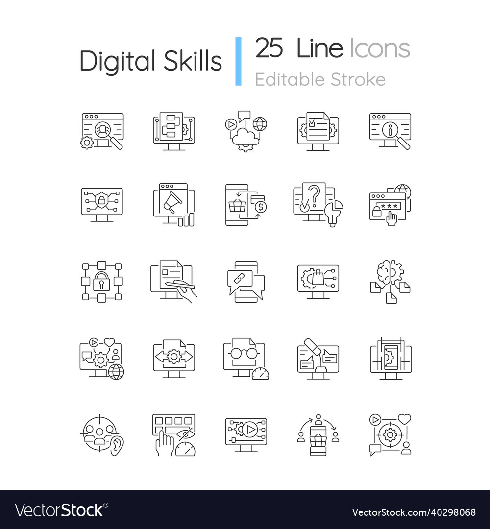 Digital skills linear icons set vector image Digital skills linear icons set