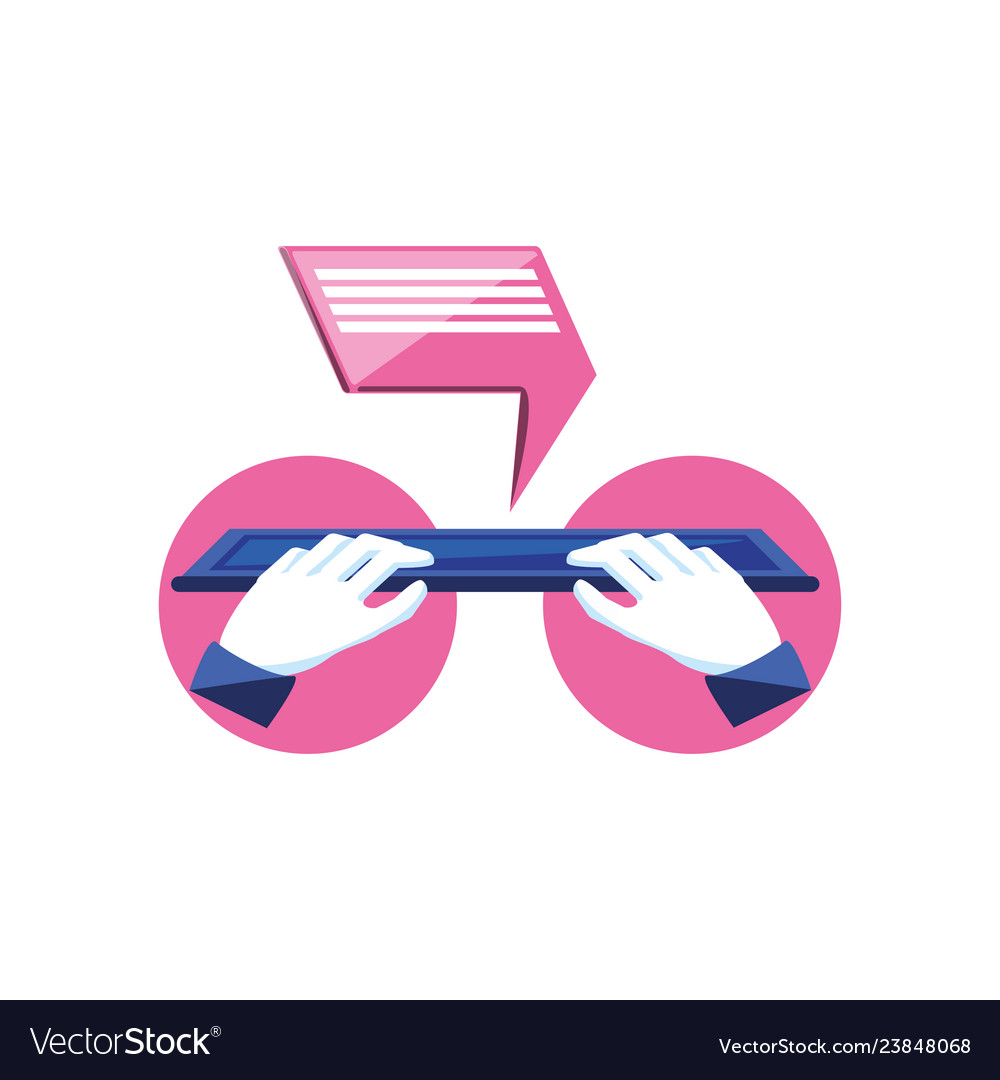Hands with keyboard computer and speech bubble