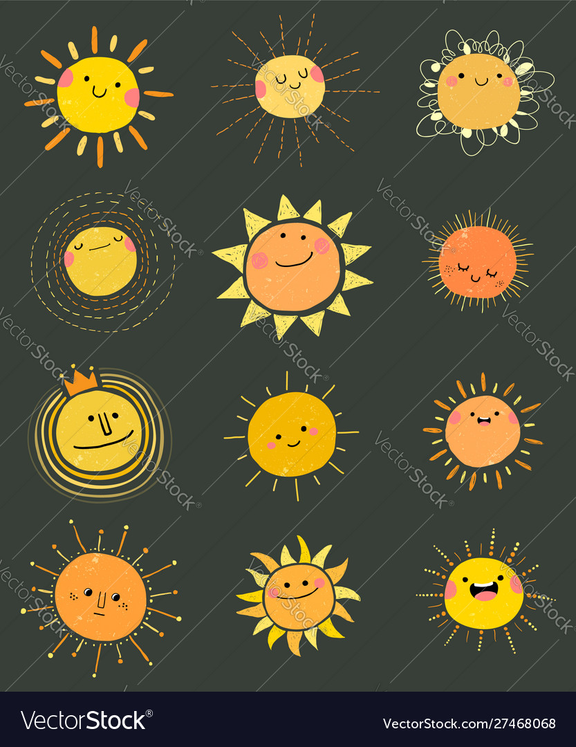 Set hand drawn cute sun icons vector image Set hand drawn cute sun icons