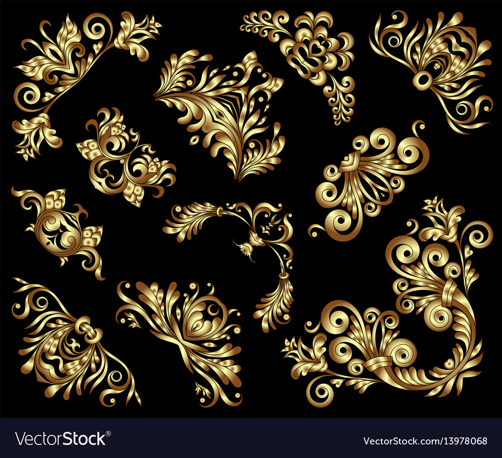 Set of gold decorative hand-drawn floral Vector Image
