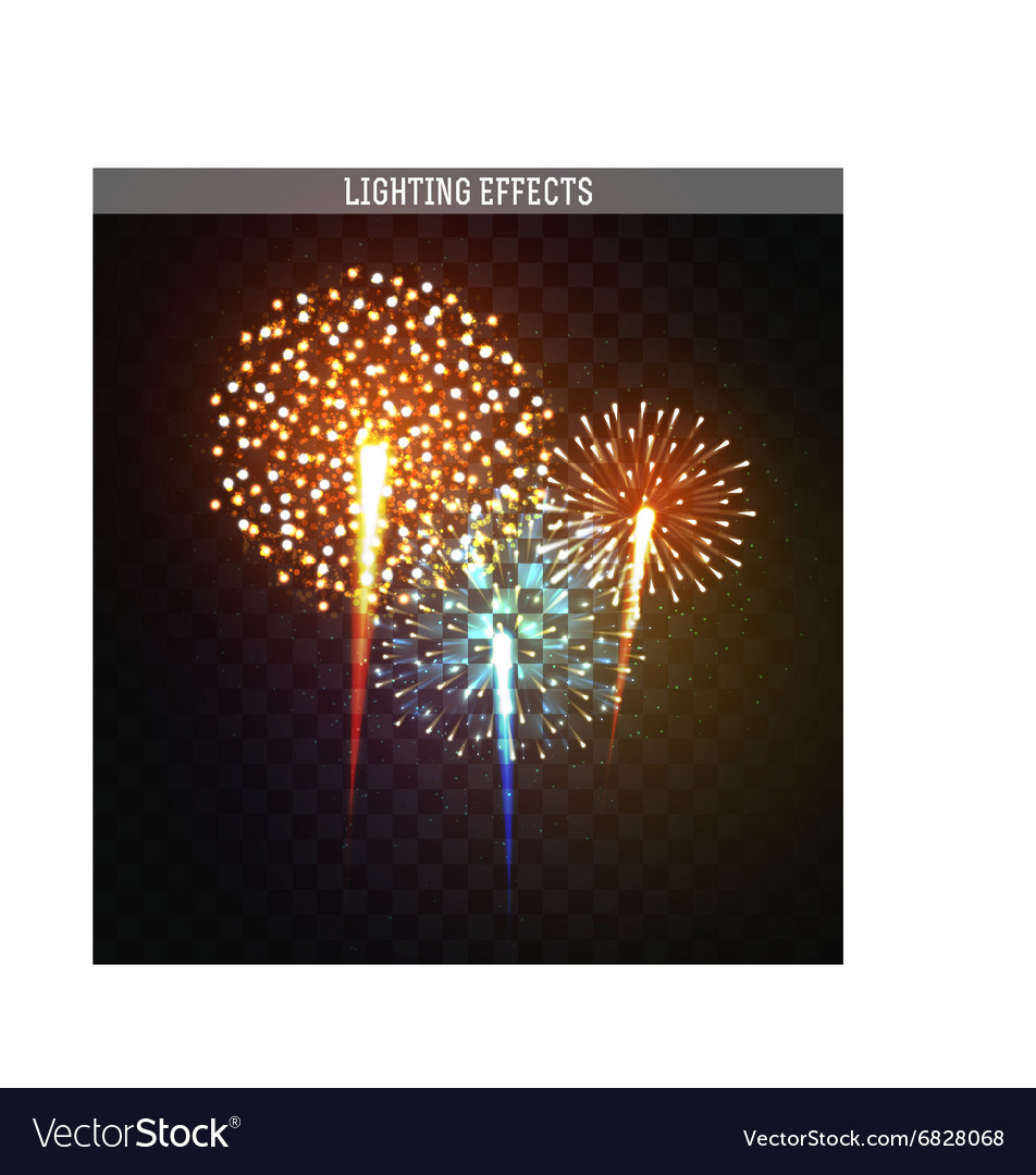Set realistic fireworks different shapes colorful