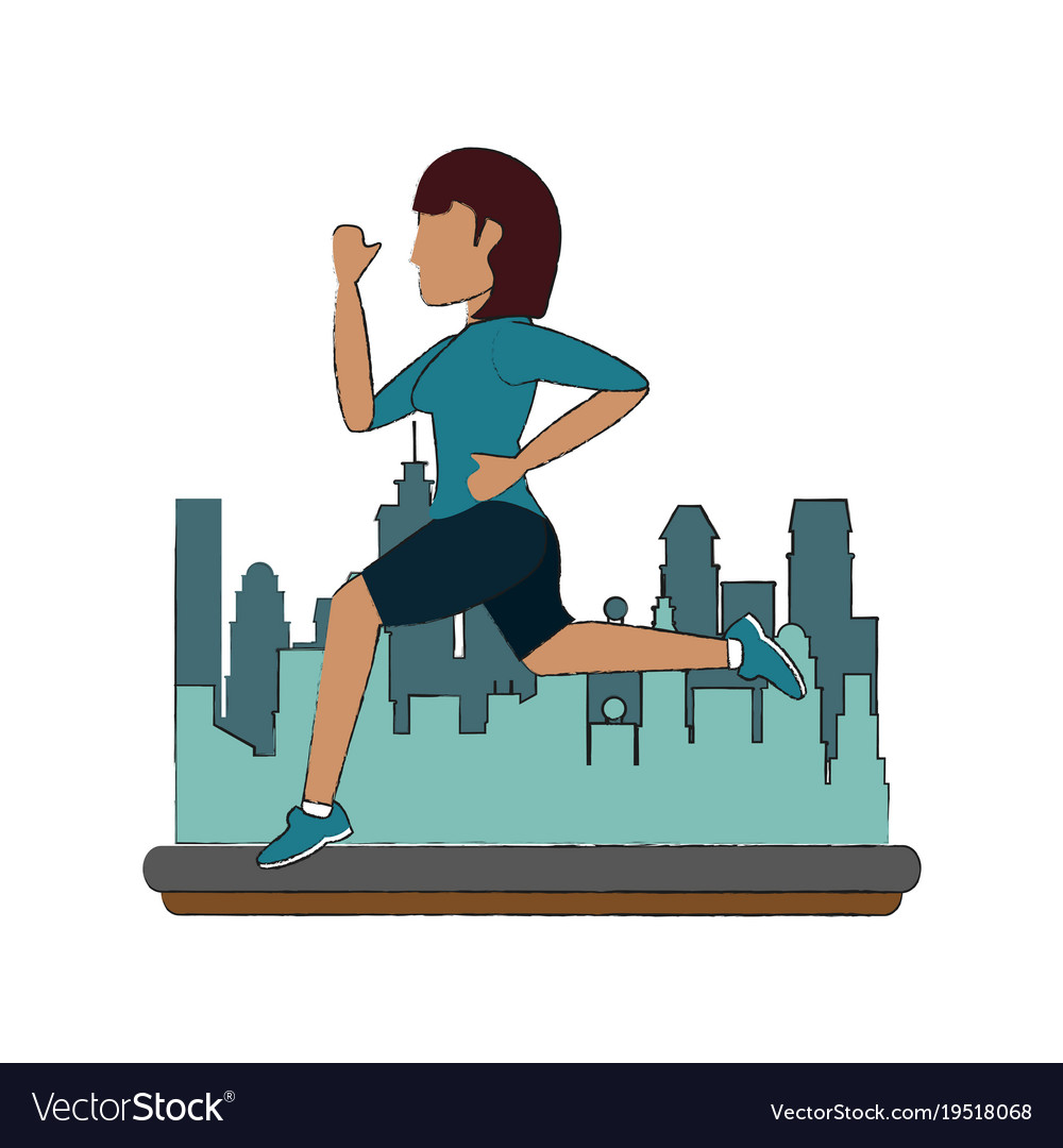 Woman running cartoon in the city