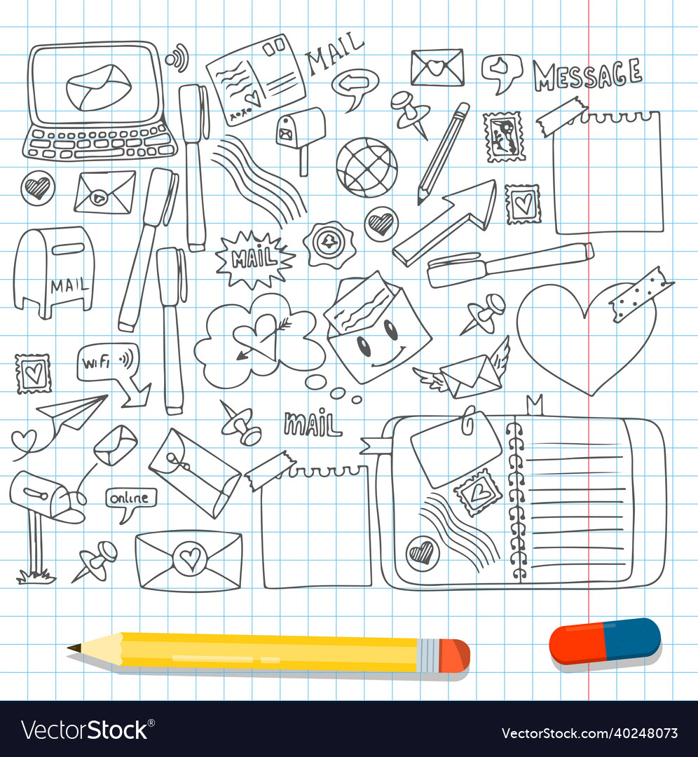 A set of mail doodles icons with paper Royalty Free Vector