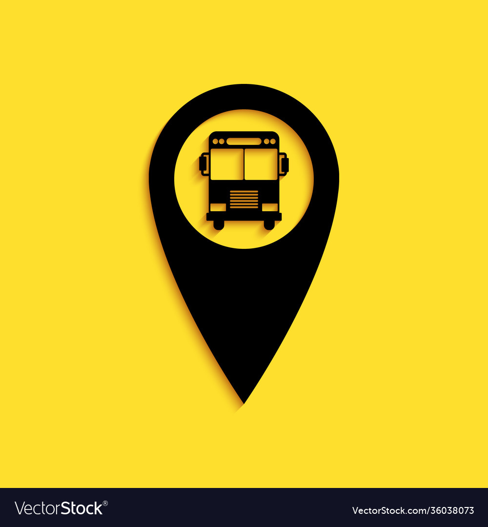 Black map pointer with bus icon isolated on yellow vector image Black map pointer with bus icon isolated on yellow