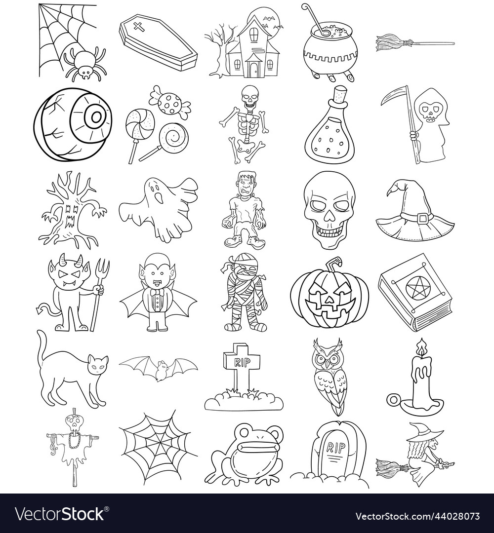 Premium Vector, Set doodle drawing hand drawn halloween black and white