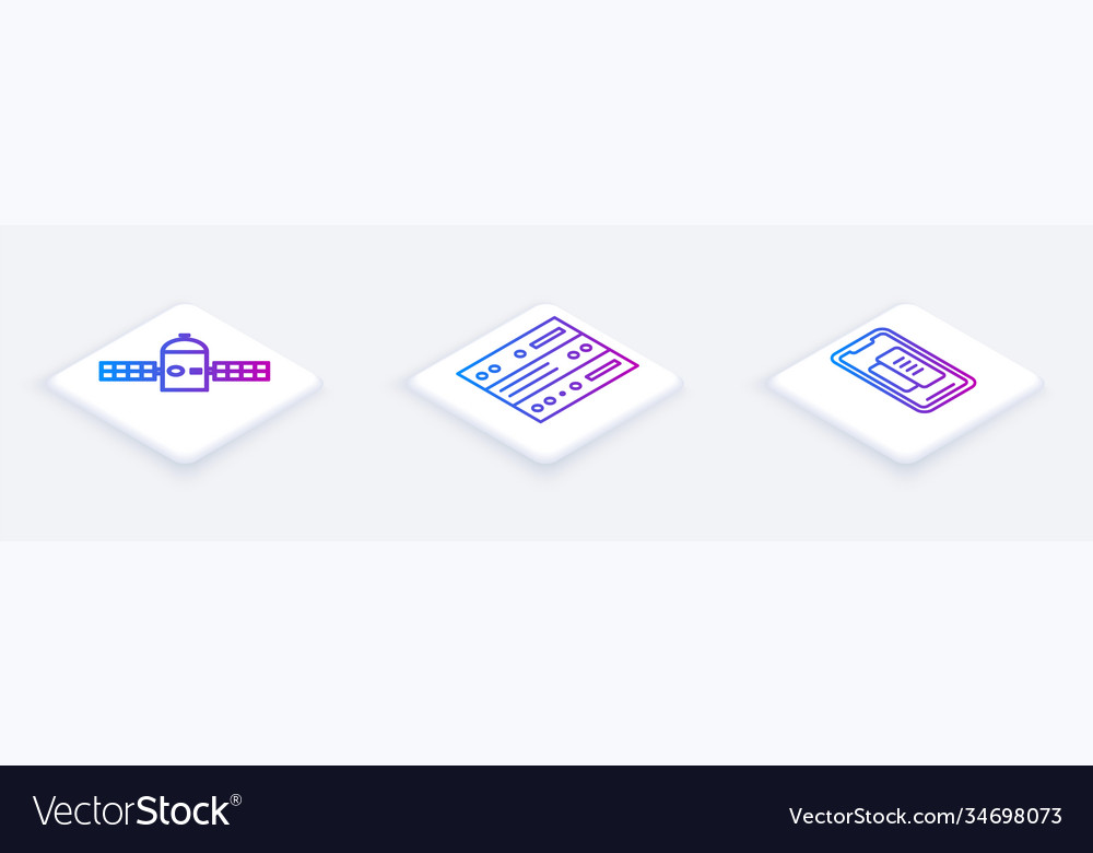 Set isometric line satellite server data web vector image Set isometric line satellite server data web