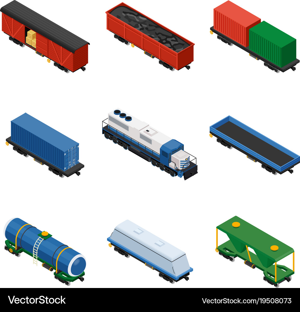 Trains isometric set of freight trains consisting Vector Image