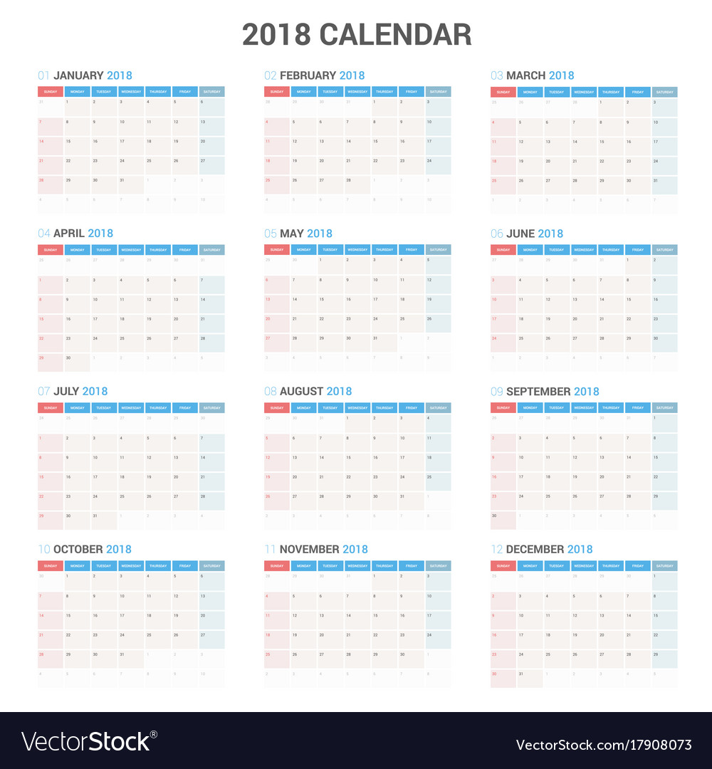 Yearly wall calendar planner template for 2018 Vector Image