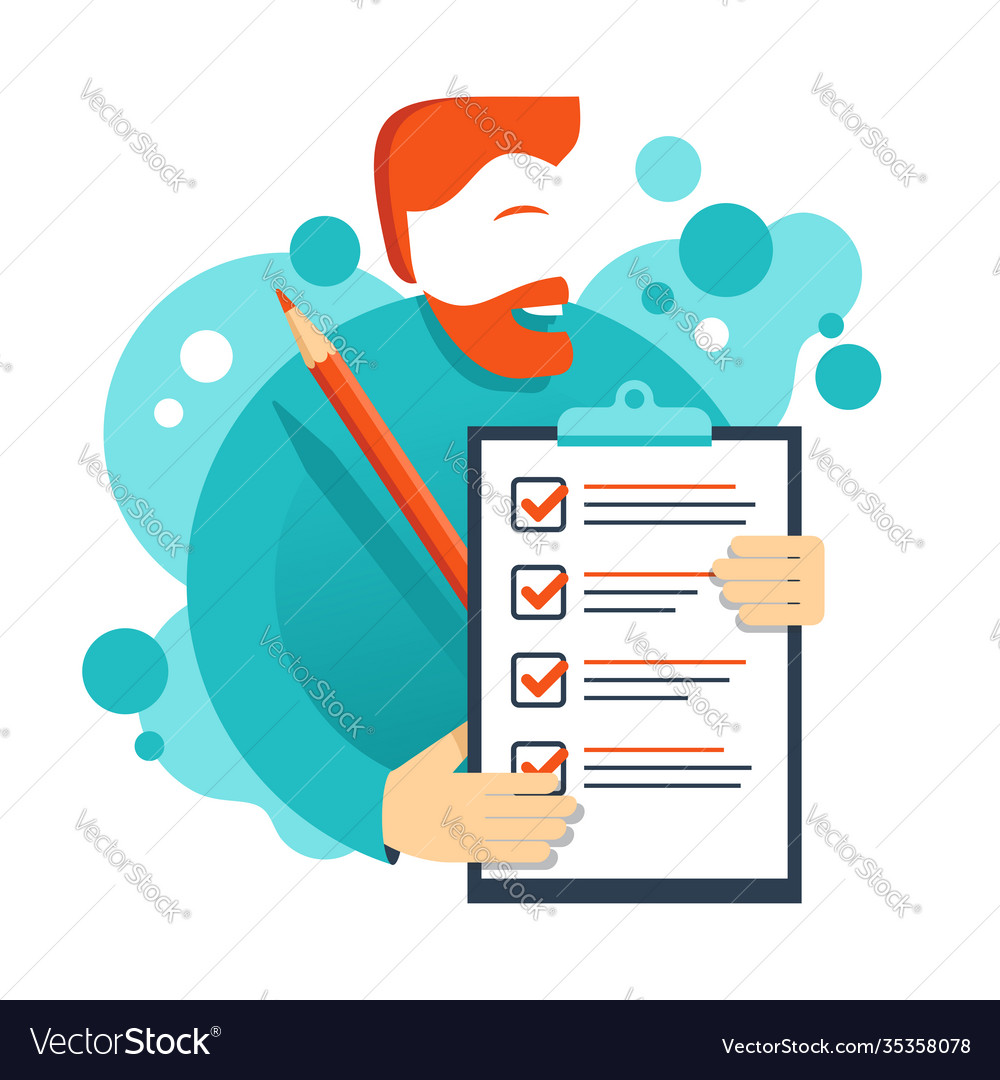 Checklist - abstract smiling man holding big list