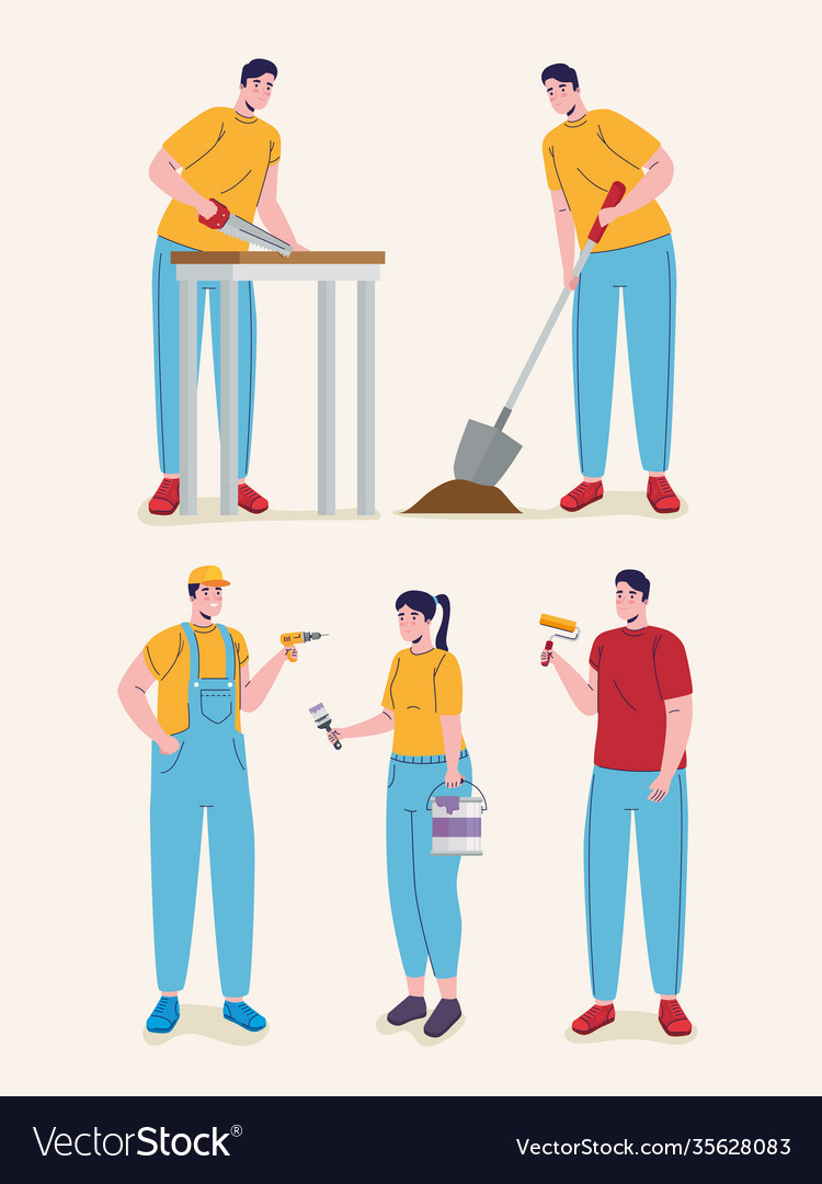 Group Builders Constructors Workers Characters Vector Image