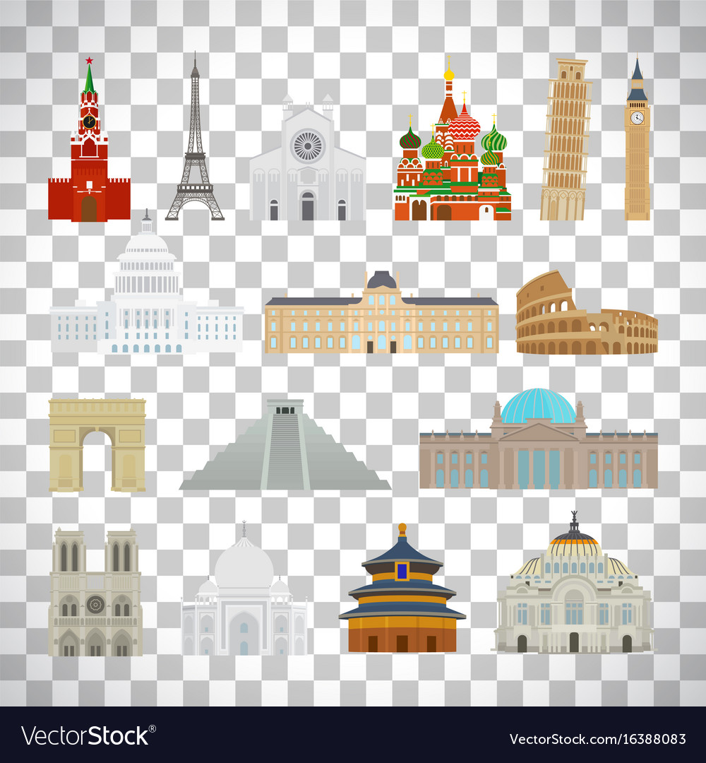 Monuments flat icons on transparent background