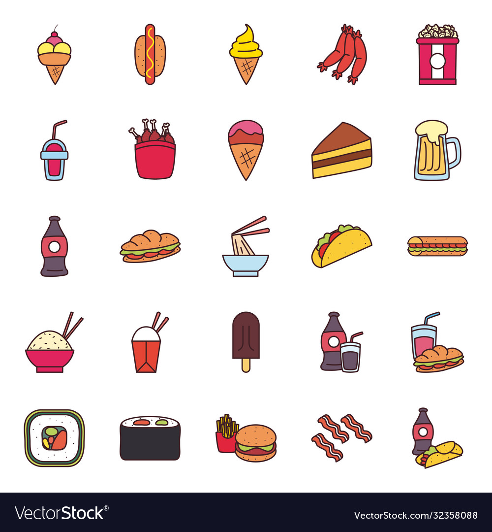 Fast food line and fill style icon set