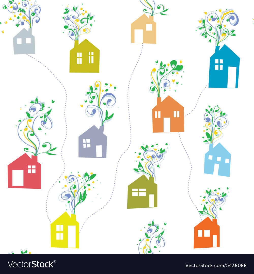 Houses and flowers seamless pattern